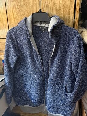 Chanel Blue Bouclé Zip-Up Jacket with logo